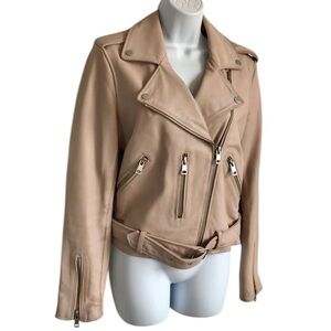 Amaryllis Women’s S Blush Pink Classic Leather Moto Zipper Lapels Belt Jacket